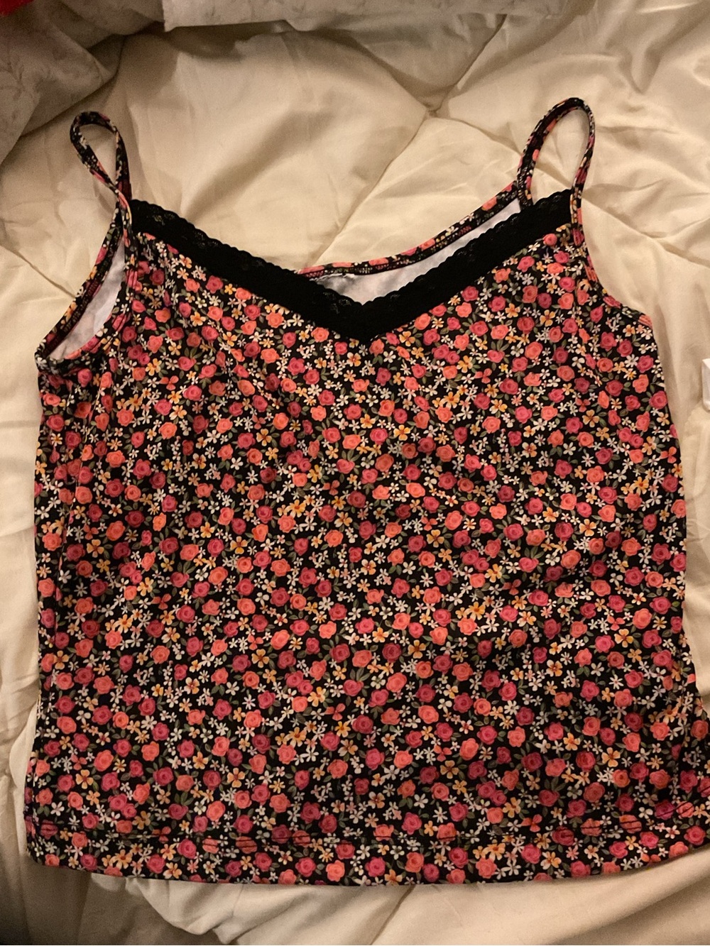 Floral Lace-Trim Cami Top in Black and Pink